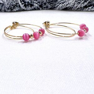 Pink Cats Eye Gold Tone Double Hoop Earrings